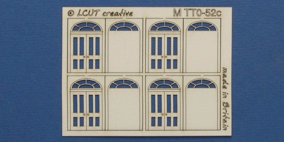 M TT0-52c TT:120 scale kit of 4 double doors with round transom type 4 Kit of 4 double doors with round transom type 4. Designed in 2 layers with an outer frame/margin. Made from 0.35mm paper.

